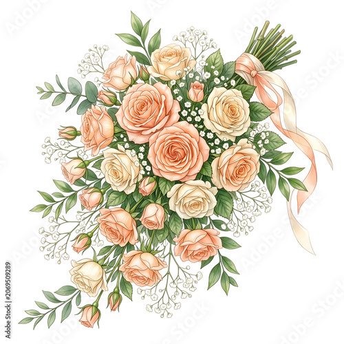 Beautiful floral bouquet with roses and greenery isolated on white background