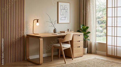 Minimalist Japandi home office with wooden desk and chair.