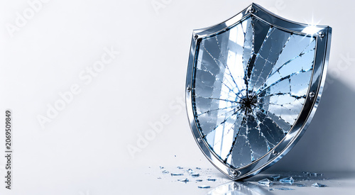 Cracked glass shield on bright background. Space for text.