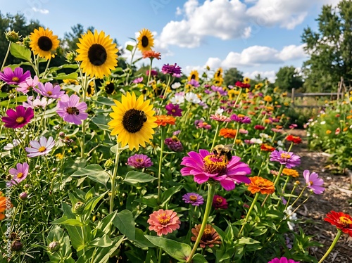 Colorful Garden Flowers in Full Bloom Under Blue Sky.