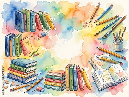 Colorful Watercolor School Supplies Illustration.