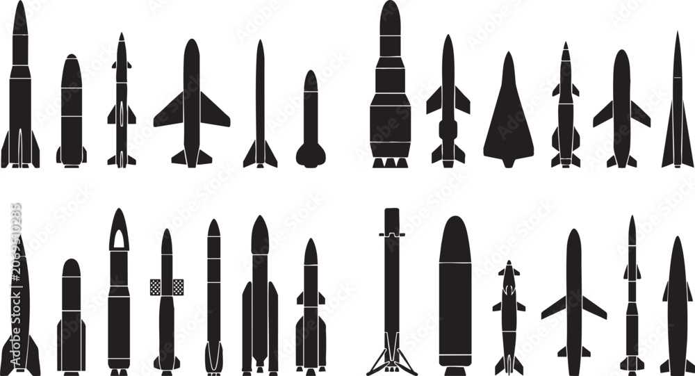 Fototapeta premium Diverse collection of military missiles and rockets silhouettes strategic weaponry and defense systems illustration