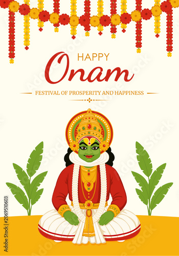 Horizontal postcard for the traditional Indian festival Onam with King Mahabali and a flower garland
