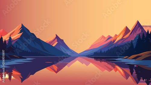 Fotografie Geometric Mountains reflected in calm water during sunset with warm gradient sky