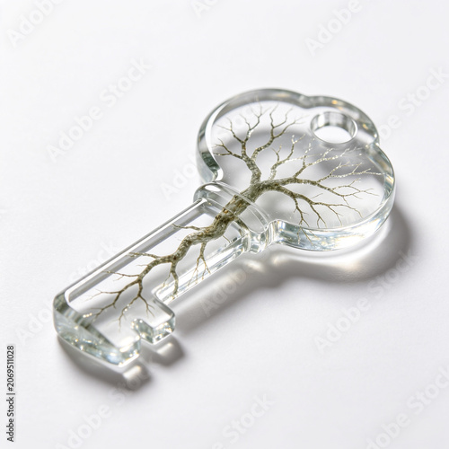 Clear Key with Tree Roots Inside Symbolizing Growth Opportunity and Access to Nature