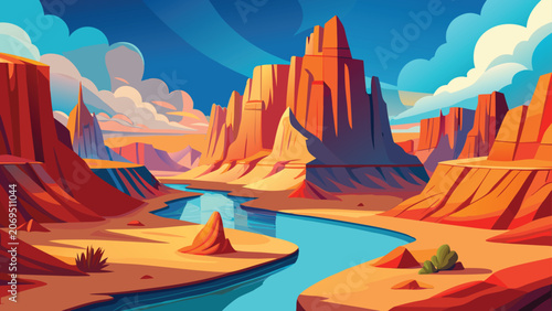 Konstfotografi Canyon river landscape with sandstone formations during sunset Vector Illustrati