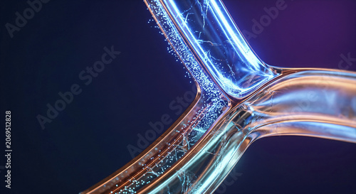 Abstract 3D Render of Translucent Glass Tubing with Flowing Particles and Blue and Amber Lighting for Scientific or Technological Concepts