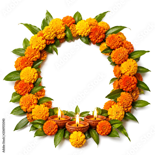 Luxury Navaratri Festival Floral Frame with Marigold Flowers and Glowing Oil Lamps