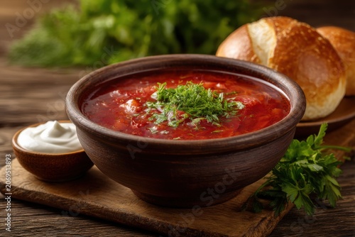 Hearty beetroot soup glistens in a rustic clay bowl