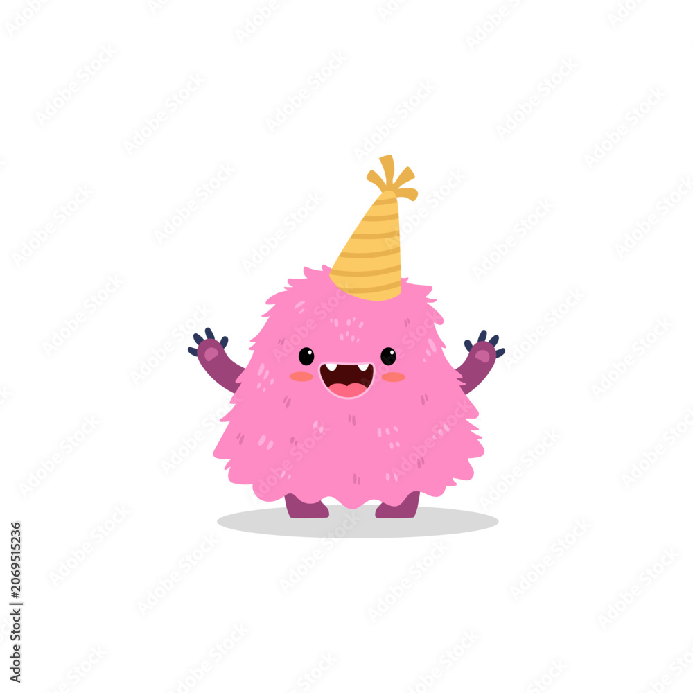 Fototapeta premium Cute cartoon monster on white background. Happy pink monster in birthday hat. Funny monster in flat style. Vector illustration.
