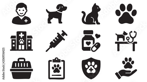 Veterinary icons, pet care symbols, animal hospital signs, veterinary clinic marks