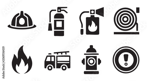 Set of eight essential firefighter equipment icons including fire extinguisher and safety gear.