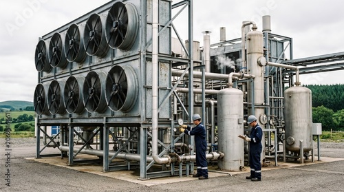 environmental technology, a sophisticated carbon capture system actively filtering emissions in nature