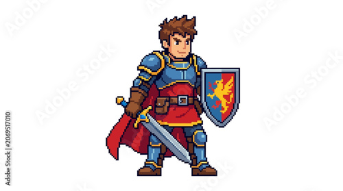 Pixel art knight, cartoon warrior, medieval hero, video game character isolated on White Background vector