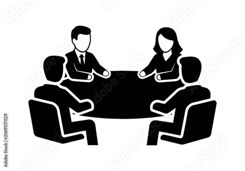 Four business people in meeting around round table collaborating in office teamwork discussion flat design