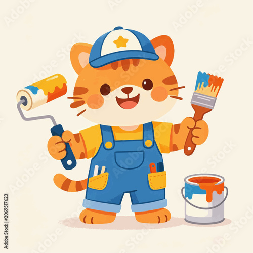Cute cartoon tiger character wearing overalls and a cap holding a paint roller and brush with a paint can