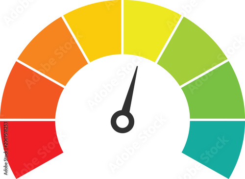 Color gauge speedometer with needle indicating a moderate level flat design vector illustration for performance metrics and rating systems