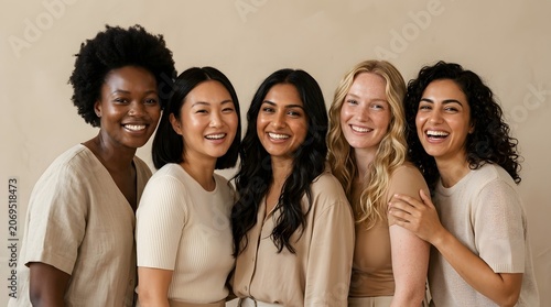 A diverse group of women of various ethnicities and ages smiles warmly, embodying unity, empowerment, and natural beauty in this authentic portrait.