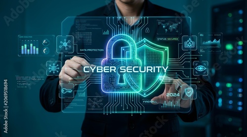 Cybersecurity concept with a person interacting with a digital interface displaying a lock, shield, and network elements, highlighting data protection and digital safety.