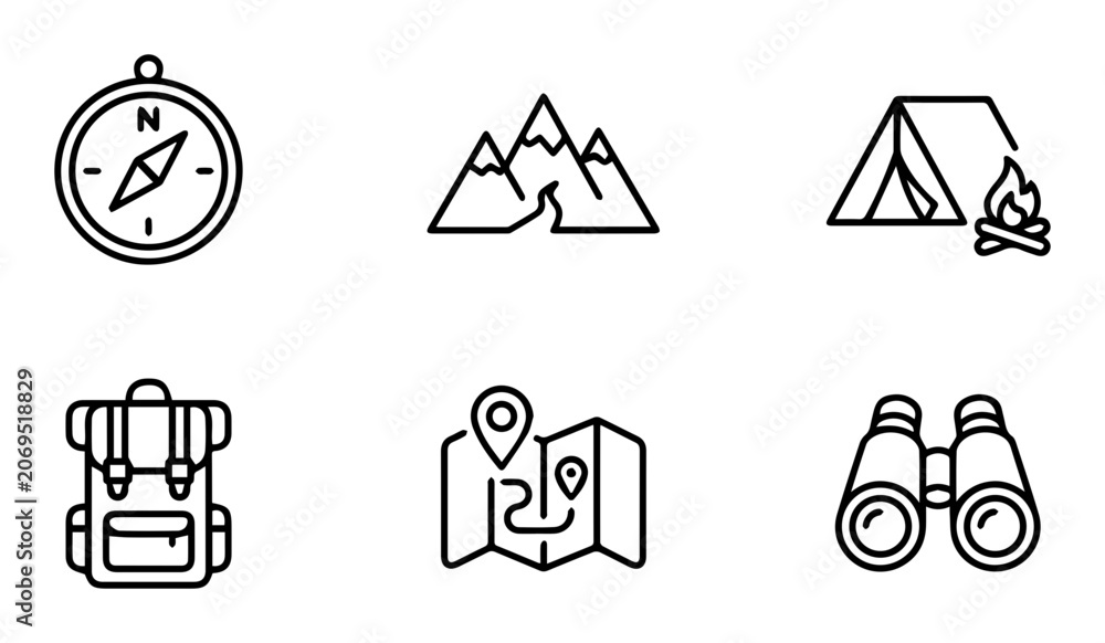 Fototapeta premium Outdoor Adventure Icons, Travel Symbols, Navigation Elements, Camping Graphics