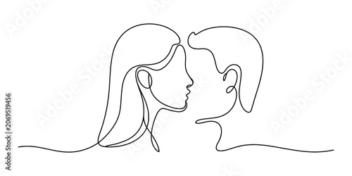 Bild auf Leinwand Continuous single line drawing of a young couple face to face looking at each ot