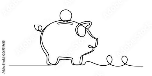 Photos A single continuous line drawing of a piggy bank with a coin slot and a curly ta