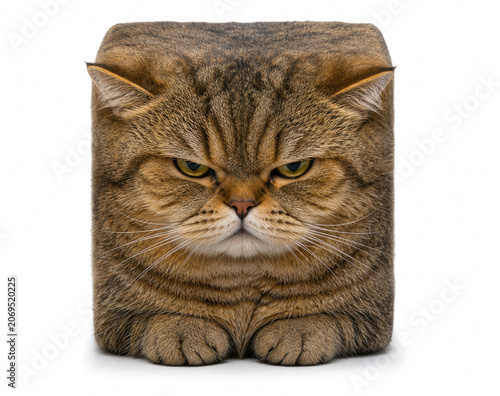 A grumpy square tabby cat sits isolated on a white background.