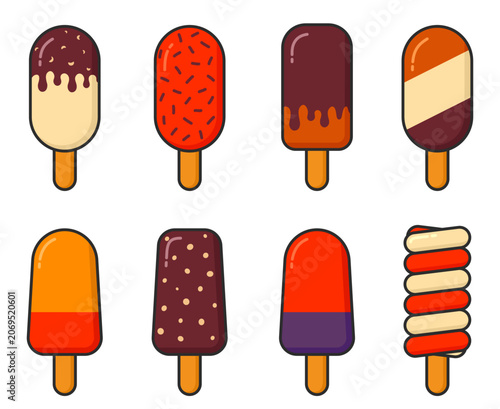 Flat vector set of assorted sweet fruit and chocolate-covered ice cream popsicles. Illustrations for summer and dessert design