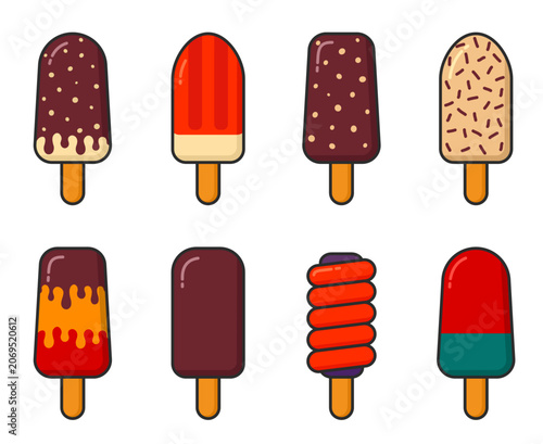Flat vector set of assorted sweet fruit and chocolate-covered ice cream popsicles. Illustrations for summer and dessert design