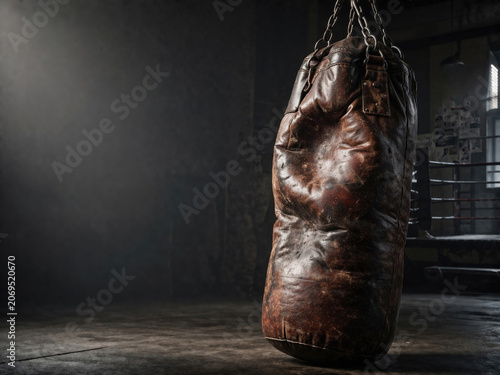 Old leather punching bag in dark boxing gym. Space for text.