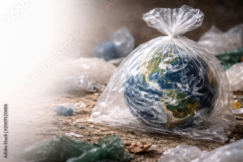 Earth globe inside a transparent plastic bag among waste. Space for text.