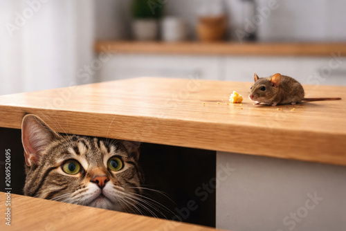 Cat watches a mouse with crumbs on a kitchen table. Space for text.