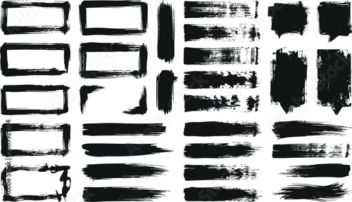 Fotografija Black ink brush stroke text boxes, grunge paint roller lines, rough underline ba