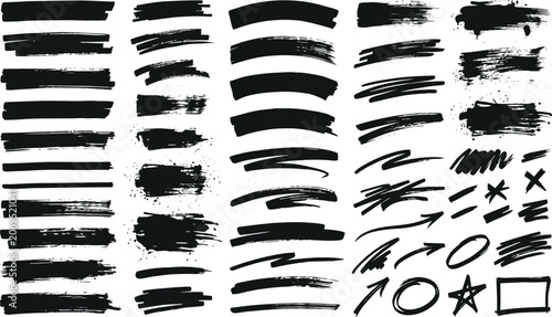 Quadro su tela Black highlighter brush stroke lines set for underline banners, dry paint marker stripes, rough grunge ink smears and bold hand drawn highlight elements