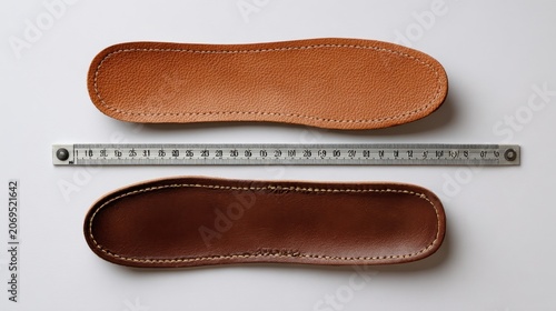 Two Tan Leather Shoe Insoles with Brass Rivets and Wooden Ruler on White Background. AI generated image