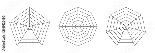Diagram for analytics or statistic set. Spider, radar diagrams collection. Pentagon, octagon, heptagon graphs templates. Spider mesh. Flat grid 7, 8 and 5 segments. Coaching tool. Blank radar chart, f