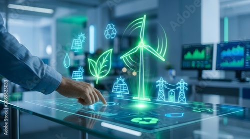 A person's hand interacts with a futuristic holographic display showcasing a clean energy concept, featuring icons of wind turbines, solar panels, and recycling symbols.