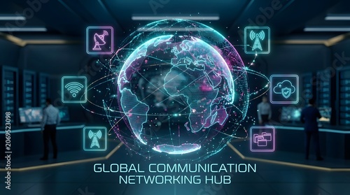 Global communication networking hub visualizes a futuristic control room with a glowing digital earth at its center, surrounded by icons representing various communication technologies.