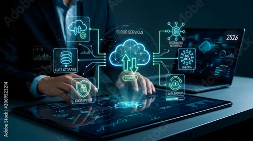 A person interacts with a futuristic digital interface, showcasing cloud computing services with glowing icons representing data storage, security, and networking in a high-tech, futuristic setting.