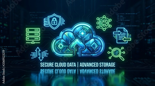 Digital illustration showcasing the concept of cloud computing, with icons representing data security, storage, and network connectivity arranged around a central glowing cloud symbol.