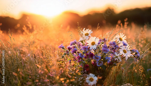 Bouquet Of Wildflowers In A Meadow At Sunset In Soft Light