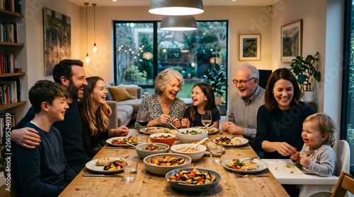 A large family gathers around a warmly lit wooden table for a festive meal, sharing laughter and conversation in a cozy, inviting atmosphere.