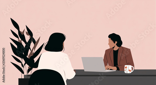 Professional business discussion or job interview between two colleagues in a modern office setting. Concepts of teamwork, hiring, and consultation.
