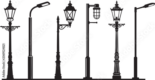 Canvastavla Variety of street lamp silhouettes vintage modern and decorative outdoor lightin