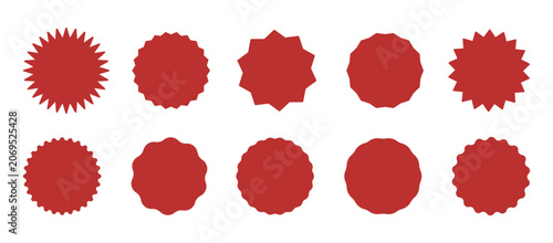  Vintage flat labels. Blank sale stickers, simple silhouette. Red circle stickers. Star burst shape tags for price, shop collection. Wavy edge promo red badges. Graphic illustration.