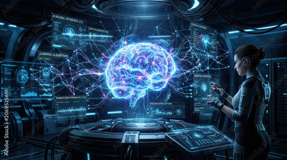 Fototapeta premium Scientist Analyzing Glowing Neural Network Interface in Futuristic High-Tech Laboratory