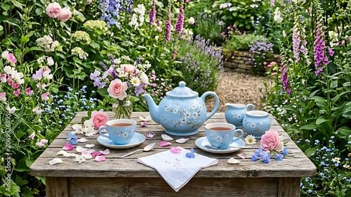 A charming tea set with a light blue teapot, cups, and a floral bouquet arranged on a rustic wooden table in a lush, blooming english garden
