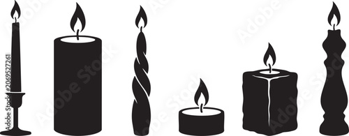 Konstfotografi Collection of six black silhouette candles with flames on white background