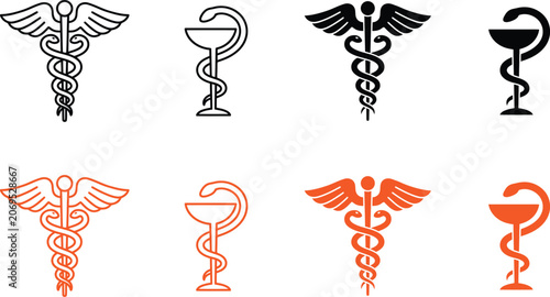 Medical Symbols Icon Set with Rod of Asclepius and Caduceus Vector Collection