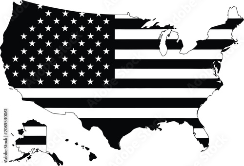 Black and White USA Map with American Flag Stars Stripes Silhouette